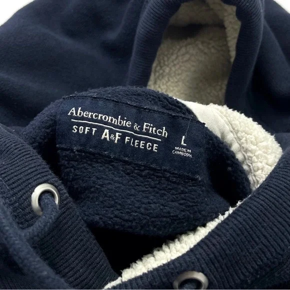 Abercrombie & Fitch Mens Moose Pullover Sweatshirt Navy Blue Sherpa Hood Size L - Picture 4 of 8